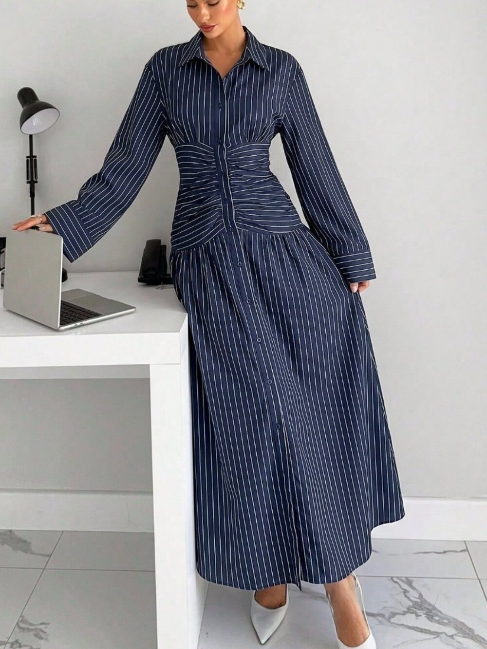 Multicolor Striped Casual Women's Pleated Dress - Picture 4 of 5